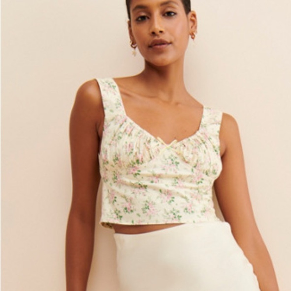 Kourt Floral Butter Yellow Pink Women's Cropped Tank Top Cotton Milkmaid Chest